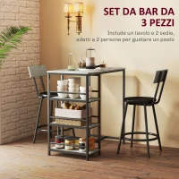 HOMCOM Set da Pranzo 3 Pezzi con Bancone Bar con Ripiani e 2 Sedie Alte con Schienale, Grigio Chiaro(m-4)