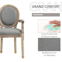 HOMCOM Chaise de Salle à Manger Chaise de Salon médaillon Style Louis XVI Bois Massif patiné sculpté Tissu Lin Gris(m-4)