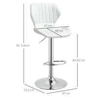 HOMCOM Juego de 2 Taburetes Altos de Cocina y Giratorio Taburetes Altos de Cuero Sintético con Respaldo y Estructura de Metal 47x51,5x92-114 cm Blanco(m-3)
