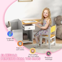 ZONEKIZ Escritorio para Niños con Silla Conjunto de Escritorio de 2 Piezas con Cajón y Armario Blanco y Natural(m-6)