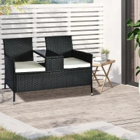 Outsunny 2 Seater Rattan Campanion Chair Wicker Loveseat Outdoor Patio Armchair with Drink Table Garden Furniture - Black(m-2)