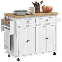 HOMCOM Rolling Kitchen Island Storage Trolley with Rubber Wood Top & Drawers for Dining Room, White(m-1)