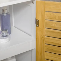 kleankin kleinkin Badezimmerschrank Badkommode, einstellbare Einlegeböden, Doppeltür aus Bambus, weiß+holzfarben, 60 x 30 x 80cm(m-8)