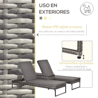 Outsunny Conjunto de 2 Tumbonas de Jardín con Cojines Acolchados Ratán con Mesa Auxiliar para Piscina o Terraza Carga 160kg 195x60x86 cm Acero Gris(m-5)