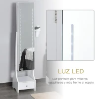 HOMCOM Armario para Joyas con Espejo de Cuerpo Entero Ángulo Ajustable con Cajón y Colgador para Secador 37x30x158 cm Blanco(m-6)