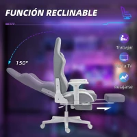 HOMCOM Silla Gamer Reclinable con Altura Ajustable Reposapiés Retráctil Soporte Lumbar y Reposacabezas Gris Claro y Blanco(m-6)