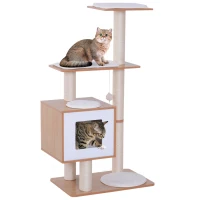 PawHut Árbol Rascador para Gatos de Madera 71,5x49,5x120 cm Torre de Gato con Cueva Plataformas Postes Rascadores de Sisal Cojines de Felpa Suave y Bolas Colgantes Natural(m-1)