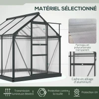 Outsunny Serre de jardin polycarbonate 3,65m² 190 x 192 x 201 cm résistant aux UV fondation renforcé gouttière Gris(m-5)