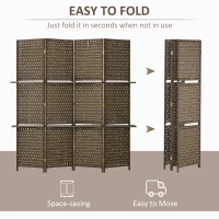 HOMCOM 4-Panel Room Dividers with Shelves, Wave Fibre Freestanding Folding Privacy Screen Panels, Partition Wall Divider for Indoor Bedroom Office, 180 cm, Brown(m-4)