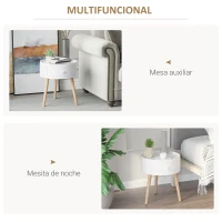 HOMCOM Mesita de Noche con 1 Cajón Mesa Auxiliar Redonda con Borde Elevado y 3 Patas de Madera para Dormitorio Sala de Estar Estilo de Moderno Ø38x45 cm Blanco(m-4)