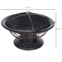 Outsunny Metal Large Firepit Bowl Outdoor Round Fire Pit Brazier w/ Lid, Log Grate, Poker, Elegant Scrolls for Backyard, Camping, Bonfire, Wood Burning Stove, 76 x 76 x 50cm, Black(m-3)