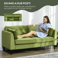 HOMCOM Divano 2 Posti Classico in Velluto con Cuscini e Trapuntato a Bottoni, 172x75x82cm, Verde(m-4)