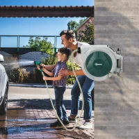 Outsunny Retractable Hose Reel Wall Mounted, 30+2m Garden Hose Pipe Reel with Lock, Auto Rewind, 7 in 1 Spray Nozzle, Includes Wall Fixings, 180° Swivel, Outdoor Watering, Grey(m-10)