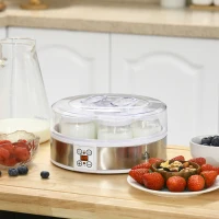 HOMCOM Máquina de Yogur con 7 Tarros de Cristal de 180 ml Termostato Ajustable Temporizador y Pantalla LED 24x24x13 cm Blanco(m-2)