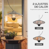 Outsunny Calefactor Exterior de Techo 1010/2210W Estufa de Infrarrojos con Mando a Distancia Ø58,5x33 cm Plata(m-4)