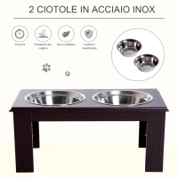 PawHut Ciotole Rialzate per Cani Taglia Media, Supporto Portaciotole in MDF con 2 Ciotole in Acciaio Inox per Cibo e Acqua, Caffè Scuro(m-5)