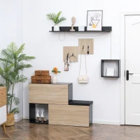 HOMCOM Ensemble de meuble d'entrée avec banc à chaussures, meuble à chaussures, 4 patères et étagère pour l'entrée, noir et naturel(m-2)