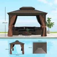 Outsunny 3 x 3.7m Outdoor Hardtop Gazebo Canopy Aluminium Frame with 2-Tier Roof & Mesh Netting Sidewalls for Patio, Dark Brown(m-3)