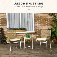 Outsunny Juego de 3 Piezas Sillas y Mesa de Ratán con 2 Sillas 1 Mesa de Centro y Cojines para Terraza Patio Natural(m-4)