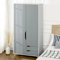 HOMCOM Wardrobe with 2 Doors, 2 Drawers, Hanging Rail, Shelves for Bedroom Clothes Storage Organiser, 89x50x185cm, Grey(m-10)