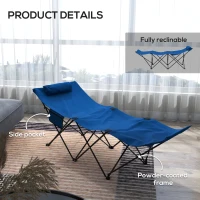 Outsunny Camping Bed for Adults, Single Folding Camp Bed, Portable Camping Cot with Side Pocket, Headrest and Oxford Seat for Outdoor, Travel, Fishing, Dark Blue(m-6)