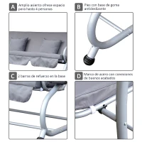 Outsunny Columpio Balancín Jardín 3 Plazas Convertible en Cama Techo Parasol Regulable Bandeja para Bebida Terrza Balcón Exterior Carga máx. 340kg Acero 200x120x164cm Gris(m-4)