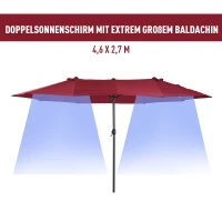Outsunny Doppelsonnenschirm 455 x 270 cm Gartenschirm mit Handkurbel oval stabil Metallstange Marktschirm Doppelsonnenschirm Terrassenschirm Sonnenschutz für Strand Balkon Terrasse Garten Weinrot(m-5)