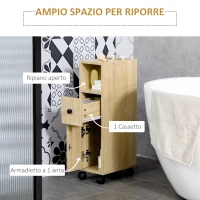 Kleankin Armadietto da Bagno a Colonna, Mobile Bagno con 4 Ruote, 1 Cassetto 1 Armadietto con Anta 2 Armadietti Aperti, Color Rovere, 18x30x68.5 cm(m-4)