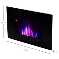 HOMCOM Chimenea Eléctrica de Pared Calefactor Estufa Eléctrica 1000/2000W Temporizador Termostato Auto-Control Llama LED 7 Color Mando a Distancia 90x9,5x56 cm(m-3)