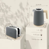 HOMCOM Stainless Steel Kettle and Toaster Set, 1.7L 3000W Fast Boil Kettle & 2 Slice Toaster Kitchen Set with 7 Level Browning Controls, Defrost, Reheat, Auto Off, Boil-dry Protection, Grey(m-3)