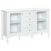 HOMCOM Aparador de Cocina Armario Buffet con 2 Puertas de Vidrio Estante Ajustable Interior y 4 Cajones Mueble Auxiliar para Comedor Salón 136x45x85 cm Blanco