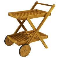 Outsunny Desserte de jardin chariot pour barbecue en bois avec 2 plateaux, 3 casiers à bouteilles et 2 roues bois naturel(m-1)