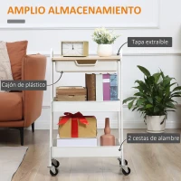 HOMCOM Carrito de Cocina con Ruedas Carro de Almacenamiento con Cajón Extraíble 2 Cestas y Frenos para Baño Salón Dormitorio 43,9x30,5x75,6 cm Blanco(m-4)