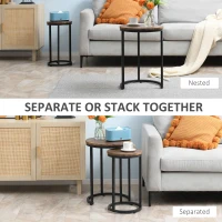 HOMCOM Round Nesting Tables Set of 2 Industrial Stackable Side Tables with Rustic Wood Grain Metal Frame for Living Room Brown(m-4)