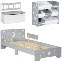 ZONEKIZ 3PCs Kids Furniture Bedroom Set with Bed, Toy Box Bench, Storage Unit with Baskets, Star and Moon Patterns, for 3-6 Years Old Boys Girls, Grey(m-1)