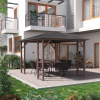 Outsunny Tonnelle pavillon de jardin avec toit rigide 364 x 299 x 280 cm structure en métal marron gris(m-2)