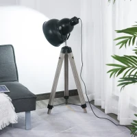 HOMCOM Industrial Tripod Base Cone Floor Lamp w/ Wood Legs Metal Shade Power Switch Adjustable Height Angle Home Office Styling Lighting Furniture Vintage Retro(m-10)