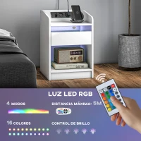 HOMCOM Mesilla de Noche con Luces LED Cajón Estante Estación de Carga Puertos USB y Control Remoto 40x40x58 cm Blanco(m-4)