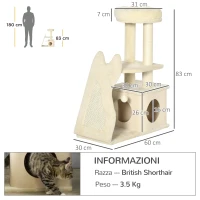 PawHut Albero Tiragraffi per Gatti con Tappetino e Pali in Sisal, Casetta Sfoderabile e Lettino, 60x30x83cm, Beige(m-3)