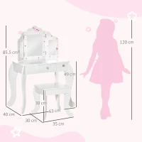 HOMCOM Toeletta per Bambini con Sgabello, Tavolo Trucco con Triplo Specchio e Cassetto, 63x40x85.5cm, Bianco(m-3)