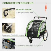 HOMCOM Remorque vélo pour enfant 2 en 1 convertible jogger poussette capacité 26,4 kg avec réflecteurs et drapeau - 2 places  - vert(m-5)