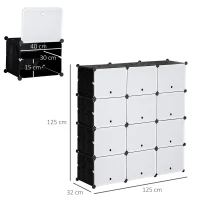 HOMCOM Armario Modular de Plástico Armario Portátil con 12 Cubos Organizador de Zapatos 125x32x125 cm Negro y Blanco(m-3)