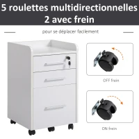 HOMCOM Caisson de bureau rangement bureau sur roulettes 3 tiroirs 1 verrouillable 1 trieur dossiers en bois blanc(m-6)
