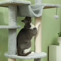PawHut Árbol para Gatos de Suelo a Techo 225-255 cm con Hamacas Plataformas Juguete de Cuerda Bola de Juguete Gris(m-9)
