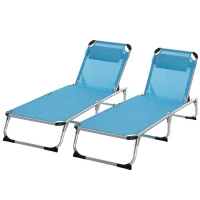 Outsunny Foldable Outdoor Sun Loungers Set of 2, Reclining Lounge Chair Camping Bed Cot with Pillow 4-Level Adjustable Back Aluminium Frame, Blue(m-11)