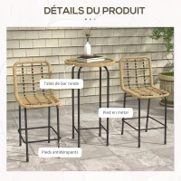 Outsunny Ensemble 3 pièces 1 table haute ronde design bohème + 2 tabourets ronds avec repose-pied en métal 2 personnes naturel(m-7)