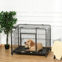 PawHut Jaula para Perros Plegable de Metal Jaula para Perros Grandes 109,5x71x78 cm con Ruedas y Frenos Bandeja Extraíble y Puerta con Pestillos para Golden Retriver Labrador Gris Oscuro(m-2)