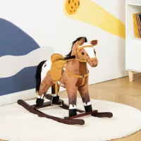 HOMCOM Kids Toy Rocking Horse Wood Plush Pony Handle Ride on Animal Wooden Riding Traditional Rocker Gift w/Neigh Sound (Dark Brown Horse)(m-10)