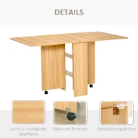 HOMCOM Klapptisch Esszimmertisch Beistelltisch mobiler Tisch klappbarer Küchentisch Schreibtisch Beistelltisch Ablagefläche mit Rollen Natur 140 x 80 x 74 cm(m-6)