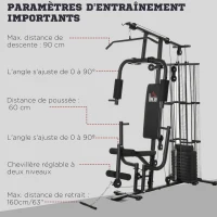 HOMCOM Station de musculation entrainement complet développé couché butterfly barre latissimus curler bande résistance 10 contrepoids 45 kg avec filet de protection acier noir(m-6)